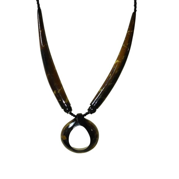 Brown Tan Horn Pendant Necklace Vintage Seed Beaded Strand Barrel Clasp Resin - Picture 11 of 16